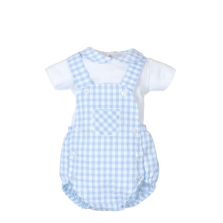 Conjunto Corto 2 Piezas Bebé Tony Bambino, peto de cuadros azules y blancos con camiseta blanca incorporada.