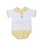 Conjunto 2 piezas bebé niño cuadros Tony Bambino, camiseta blanca con cuello amarillo a cuadros y pantalón a cuadros amarillos.