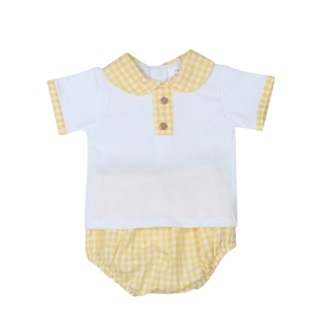 Conjunto 2 piezas bebé niño cuadros Tony Bambino, camiseta blanca con cuello amarillo a cuadros y pantalón a cuadros amarillos.