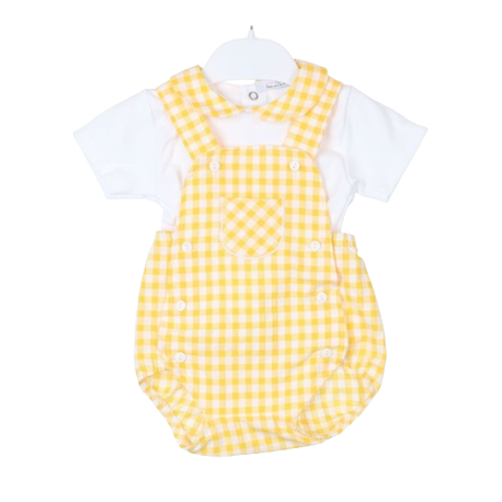 Conjunto bebé niño camiseta blanca de manga corta y peto amarillo de cuadros vichy, marca Tony Bambino.