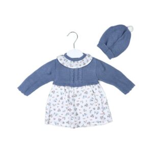 Conjunto 2 piezas bebé niña vestido tejido combinado con gorro y punto, marca Tony Bambino.