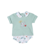 Conjunto 2 piezas bebé niño elefante Tony Bambino, camiseta verde con estampado de elefante y pantalón con estampado de palmeras.