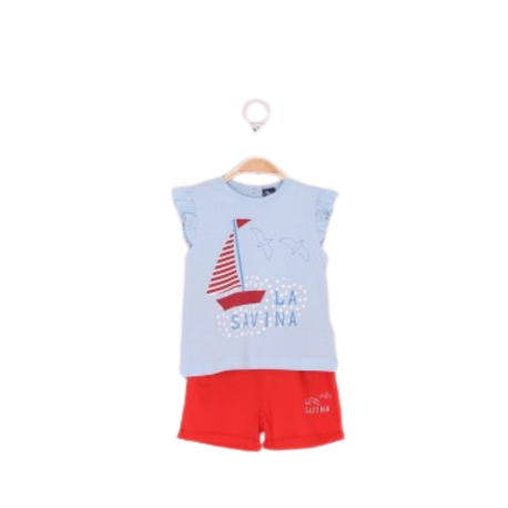 Conjunto corto niña Sea Sound, compuesto por pantalones cortos rojos con detalles en la parte frontal, ideal para mantener a las niñas frescas y cómodas en sus días de verano.