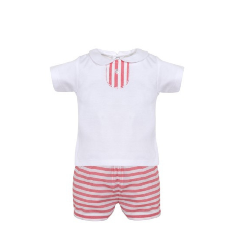 Conjunto bebé Minhon con camiseta blanca y pantalón corto de rayas rojas, ideal para días de calor.