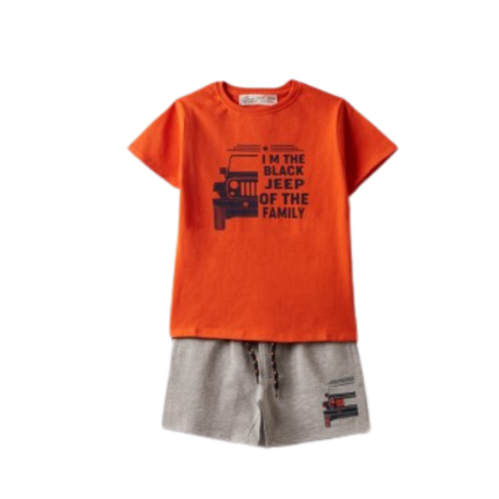 Conjunto corto sport niño Street Monkey, compuesto por camiseta naranja de manga corta y pantalón corto gris, ideal para un look cómodo y deportivo.