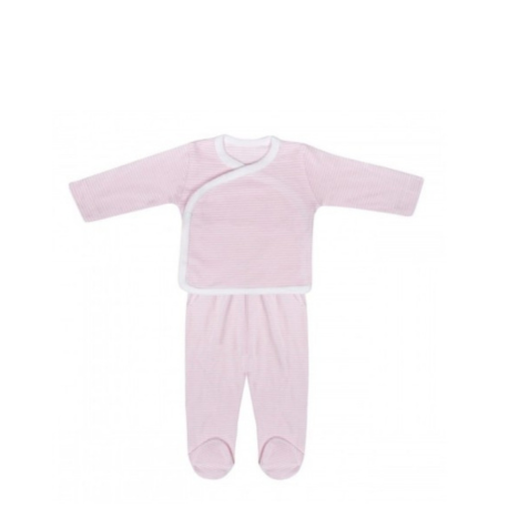 Conjunto 2 piezas largo para bebé de la marca Minhon, con camiseta de manga larga cruzada y pantalón con pies, en color rosa con rayas.