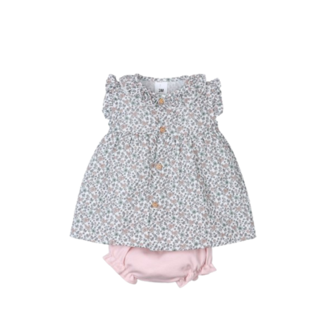 Conjunto Vestido y Cubrepañal Florecitas Tony Bambino, vestido floral con botones y cubrepañal rosa.