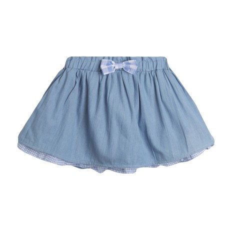 Falda vaquera fina con detalles de cuadros azules y lazo, color azul.