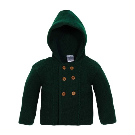 Chaqueta bebé con capucha, color verde botella, botones de madera.