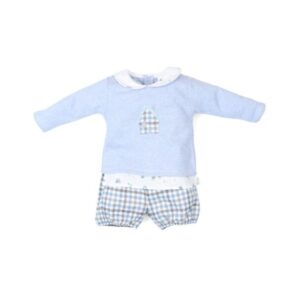 Conjunto bebé niño sudadera azul con diseño de casa bordada y short a cuadros, marca Tony Bambino.