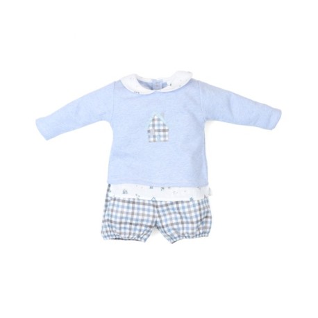 Conjunto bebé niño sudadera azul con diseño de casa bordada y short a cuadros, marca Tony Bambino.