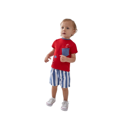 Conjunto corto bebé niño de la marca Street Monkey, compuesto por camiseta de manga corta roja y pantalón corto a rayas.