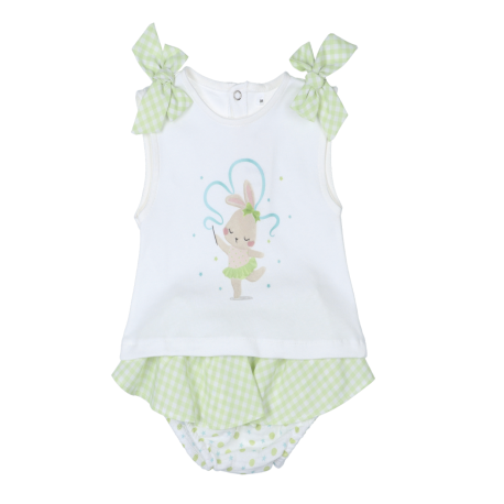 Conjunto bebé niña Tony Bambino, camiseta de manga larga con diseño de conejo y pantalones cortos con estampado de cuadros.