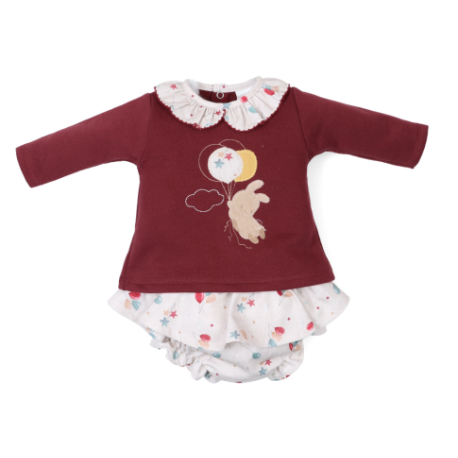 Conjunto de 2 piezas bebé niña, camiseta manga larga con cuello volante y falda estampada con estrellas, marca Tony Bambino.