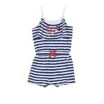 Mono corto bebé de algodón con rayas marino y detalles de Minnie Mouse.