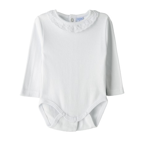 Pack 2 bodies bebé cuello puntilla, colores blanco y celeste.