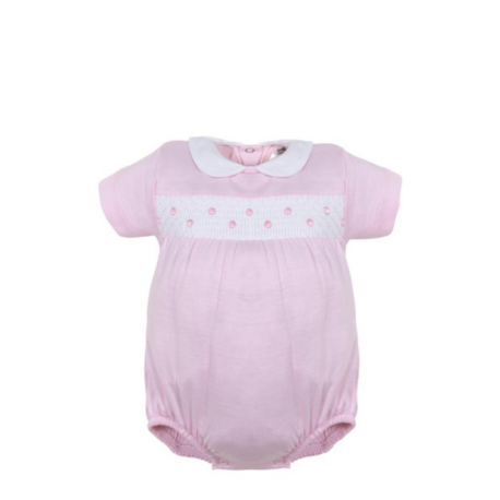 Pelele corto bebé Minhon, con cuello blanco y detalles de puntos, ideal para un look cómodo y elegante para tu bebé.