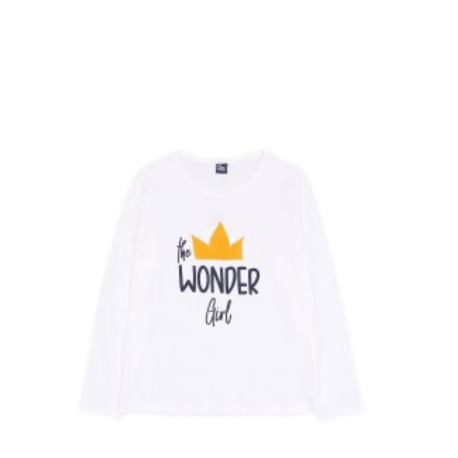 Camiseta de manga larga con diseño de corona 3D para niña de Street Monkey, color blanco con texto "The Wonder Girl," ideal para un look juvenil y moderno.
