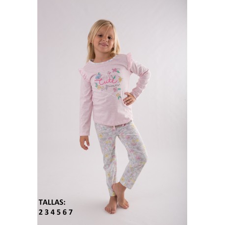 Pijama largo niña Spring de Tobogán, camiseta de manga larga y pantalón floral.