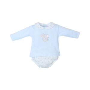 Conjunto bebé niño suéter azul con bordado de ardilla y cubrepañal a cuadros, marca Tony Bambino.