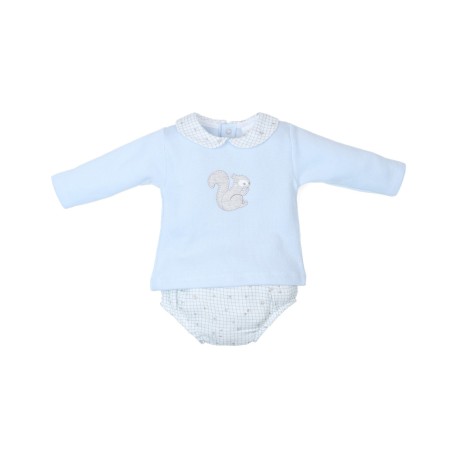 Conjunto bebé niño suéter azul con bordado de ardilla y cubrepañal a cuadros, marca Tony Bambino.