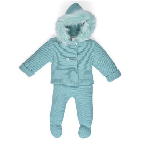 Conjunto de punto 2 piezas bebé con capucha de peluche y pantalones a juego.