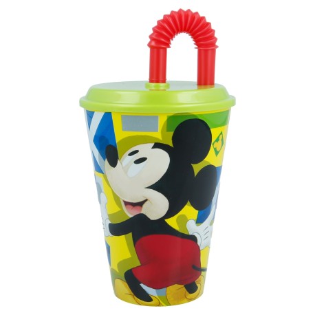 Vaso Caña Easy 430 ML Mickey Mouse con diseño colorido de Mickey Mouse y caña roja.