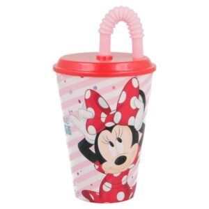 Vaso Caña Easy 430 ML Minnie Mouse con diseño colorido de Minnie Mouse, caña rosa.