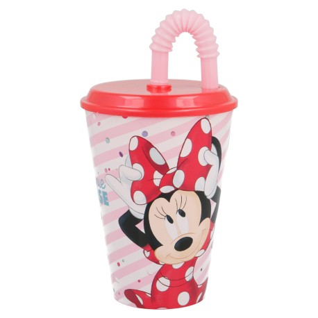 Vaso Caña Easy 430 ML Minnie Mouse con diseño colorido de Minnie Mouse, caña rosa.