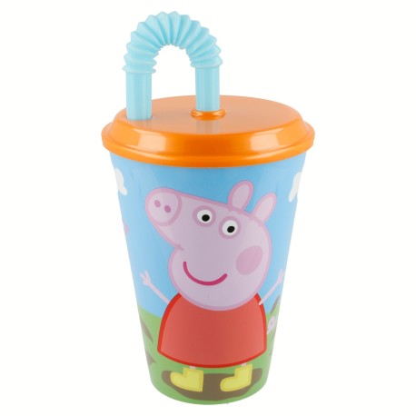Vaso Caña Easy 430 ML Peppa Pig con diseño colorido de Peppa Pig, caña azul.