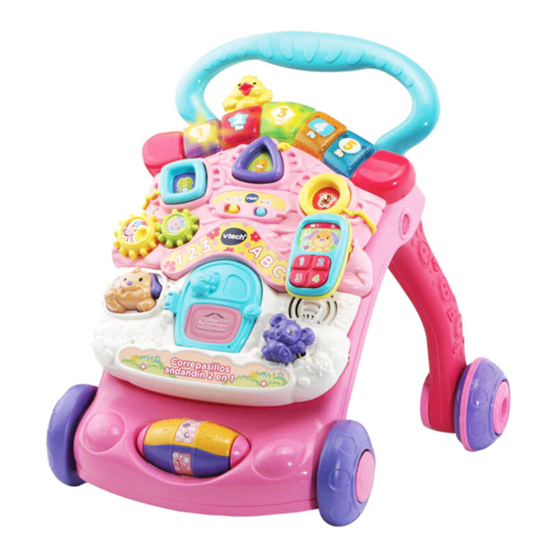 Andador con ruedas VTech en color rosa con panel educativo interactivo para bebés.