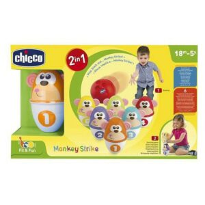Juego de bolos Monkey Strike Chicco con seis bolos de mono y bola para niños.