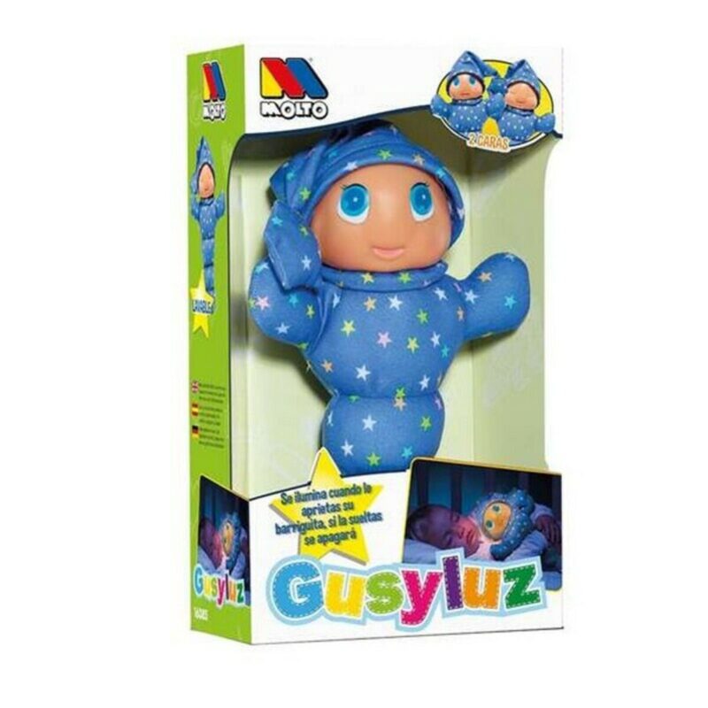 Peluche Gusy Luz Moltó azul que emite luz suave para acompañar al bebé.