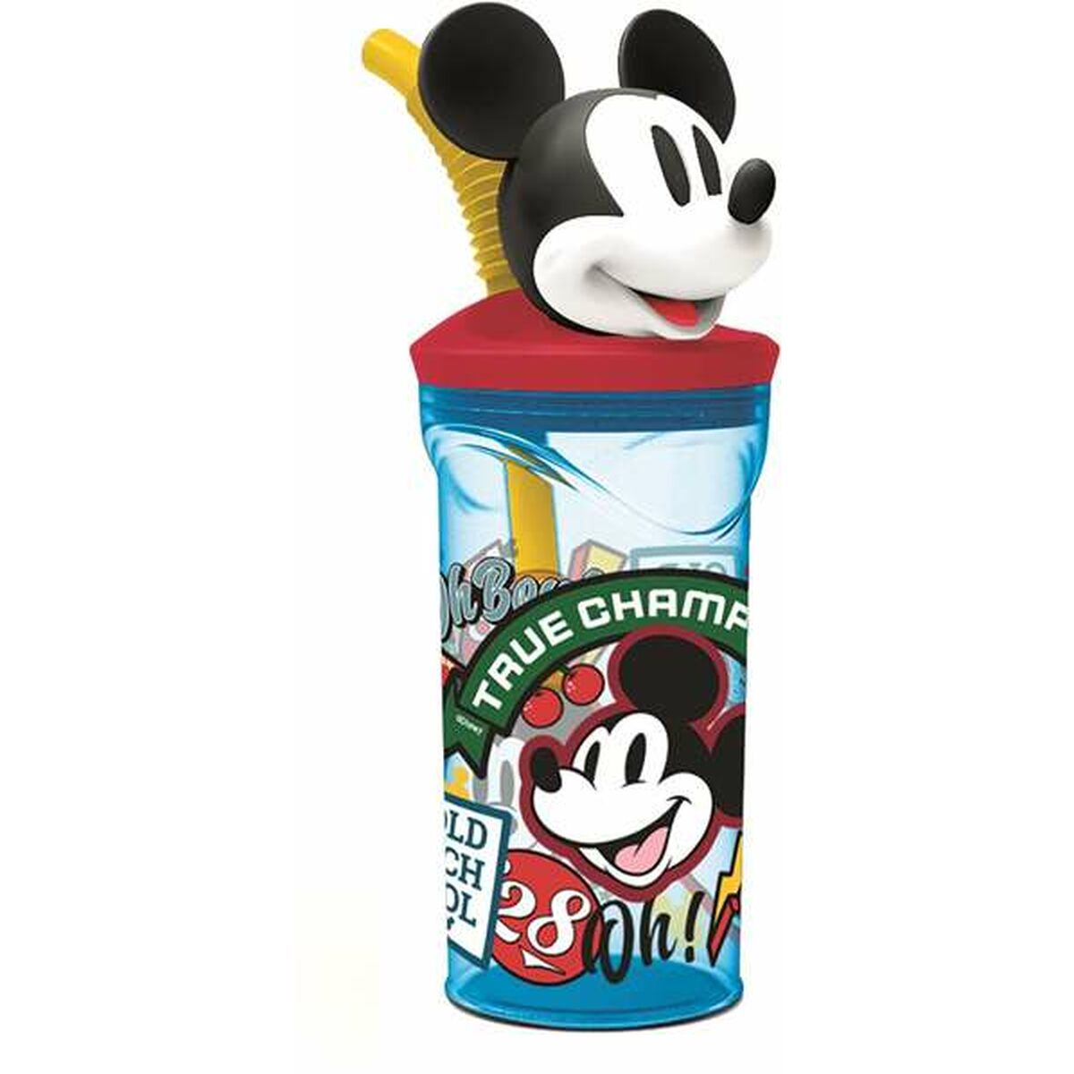 Vaso con Pajita Mickey Mouse True Champions 360 ml con diseño colorido y Mickey Mouse en la tapa.