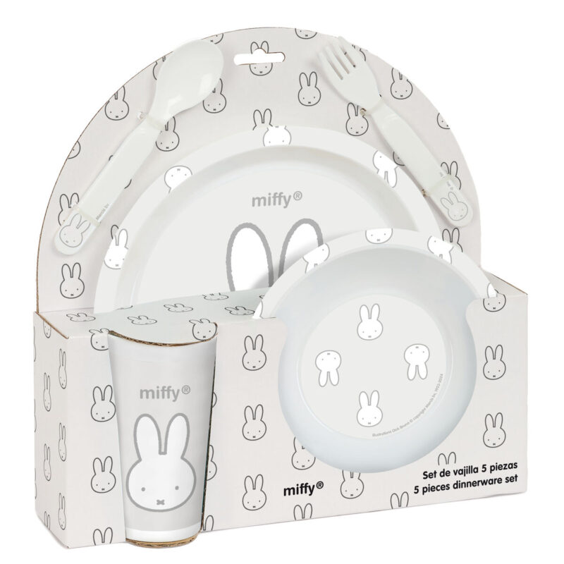 Set de vajilla infantil Miffy Niebla, incluye vaso, cuchara, tenedor, plato hondo y plano, todo sin BPA.