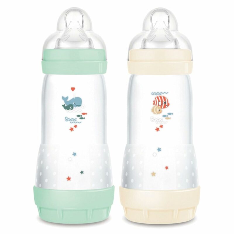 Biberón MAM Sea Verde Beige, 330 ml, libre de BPA y con sistema anticólico, ideal para el bienestar del bebé.