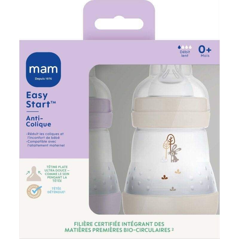 Biberón MAM Easy Start 160 ml, con tecnología anti-cólicos para una mejor experiencia de alimentación.