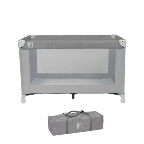 Cuna de viaje Bambisol gris, cuna plegable con laterales de malla y bolsa de transporte incluida.