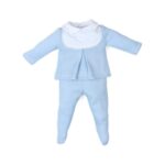 Conjunto de 2 piezas para bebé, incluye camiseta azul con detalles en el cuello y pantalones rosas con puntos.