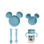 Set de Cubiertos ThermoBaby Disney Baby, incluye plato, vaso, cuchara, tenedor, y taza con diseño de Mickey Mouse.