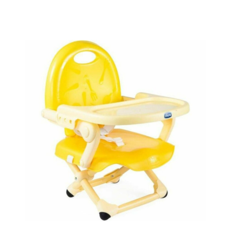 Trona Chicco Saffron amarilla, trona compacta con bandeja extraíble y arnés de seguridad para bebé.