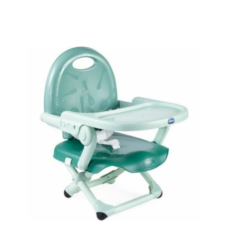 Trona Chicco Sage verde, trona compacta con bandeja extraíble y arnés de seguridad para bebé.