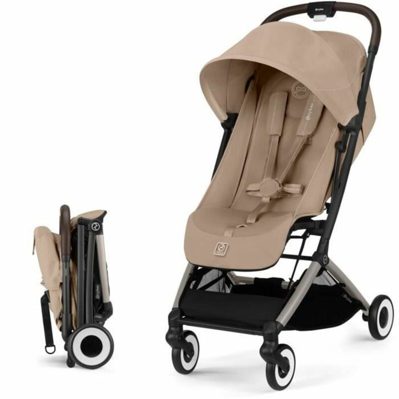 Carro de Paseo para Bebé Cybex Beige con ruedas macizas y respaldo ajustable.