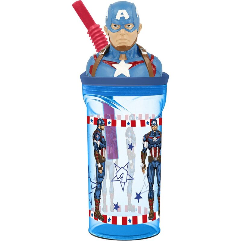 Vaso con pajita Capitán América 3D 360 ml infantil azul multicolor