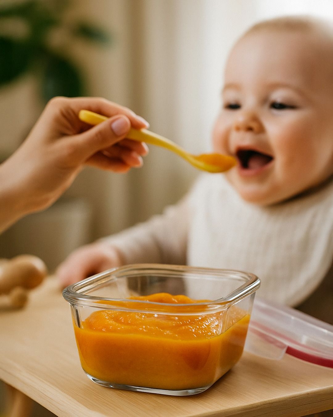 Bebé comiendo puré de frutas y verduras: receta saludable y nutritiva para bebés de 6 a 12 meses